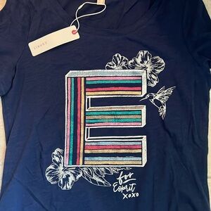 BNWT Esprit Navy Blue T-Shirt with Hawaii Print and Glitter Design